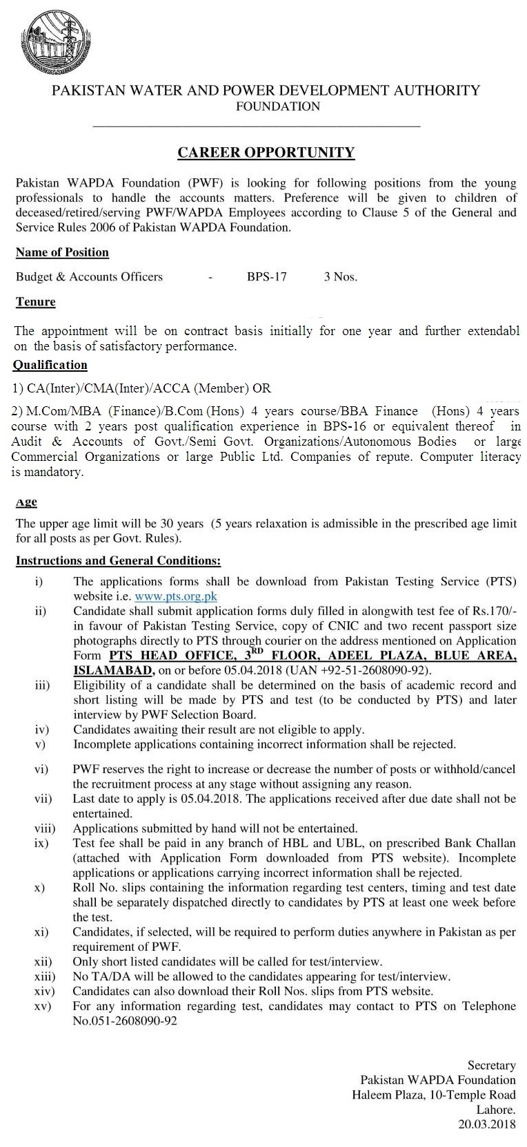 WAPDA PTS Jobs Budget & Account Officer 2019 Online Application ...