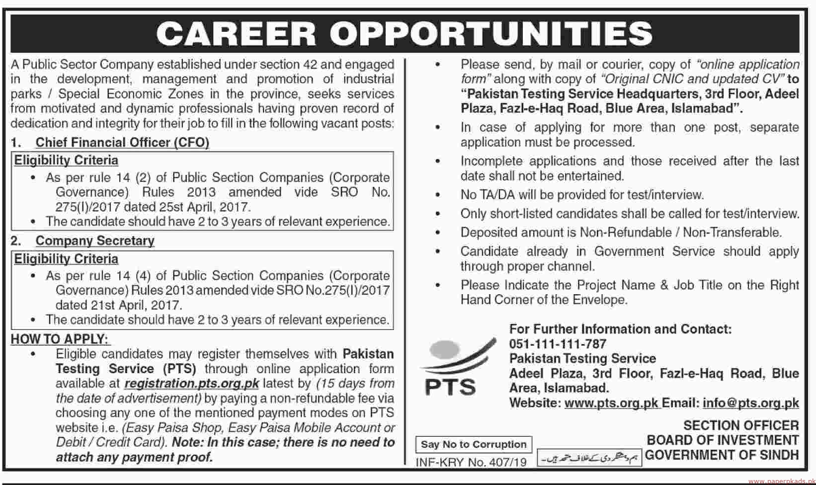 Board Of Investment Sindh PTS Jobs 2019 Online Application Roll No Slip