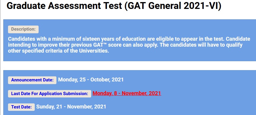 Graduate Assessment Test GAT General 2024 VI Online Registration Roll No Slip