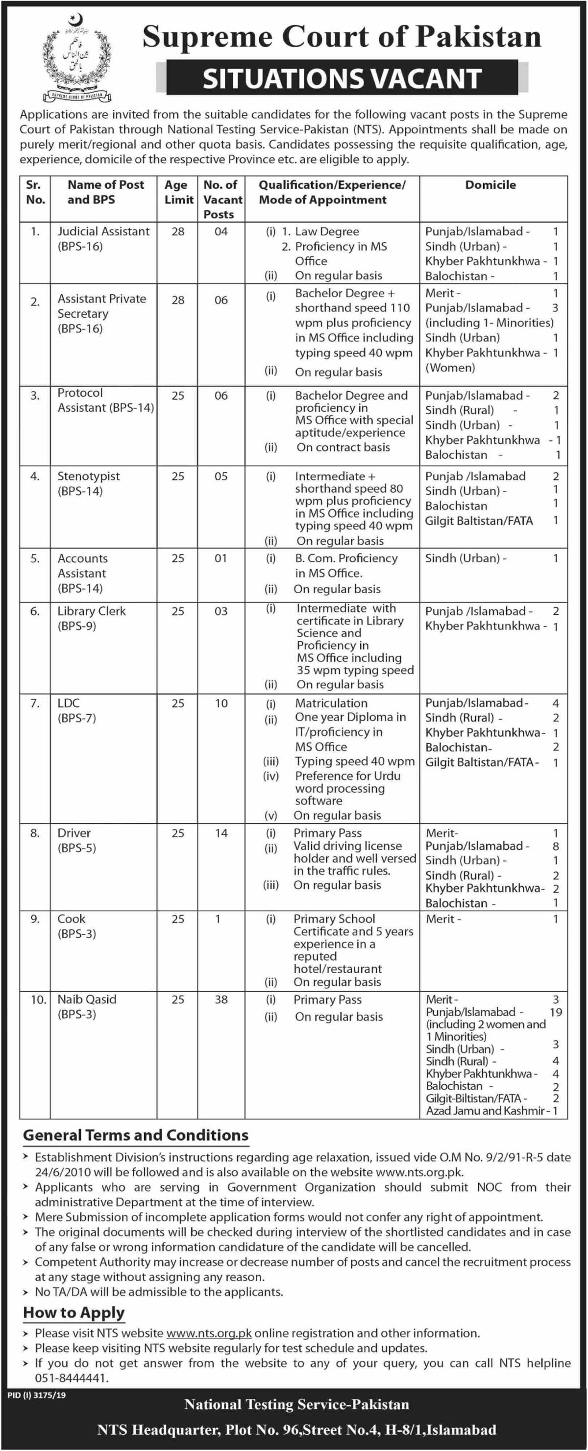 Supreme Court of Pakistan NTS Jobs 2019 Application Form Roll No slip