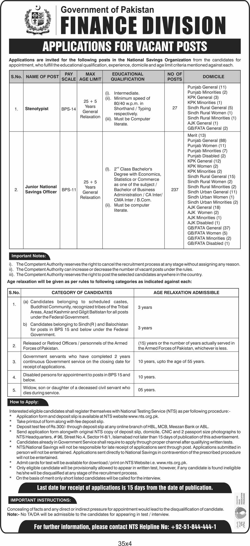 Central Directorate of National Saving NTS Jobs 2020 Application Form Roll No Slip