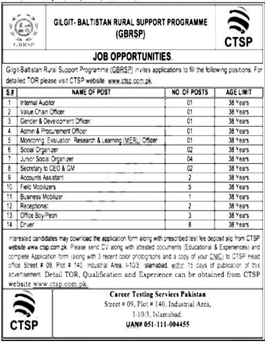 Gilgit-Baltistan Rural Support Program GBRSP CTSP Jobs 2020 Application Form Roll No Slip 