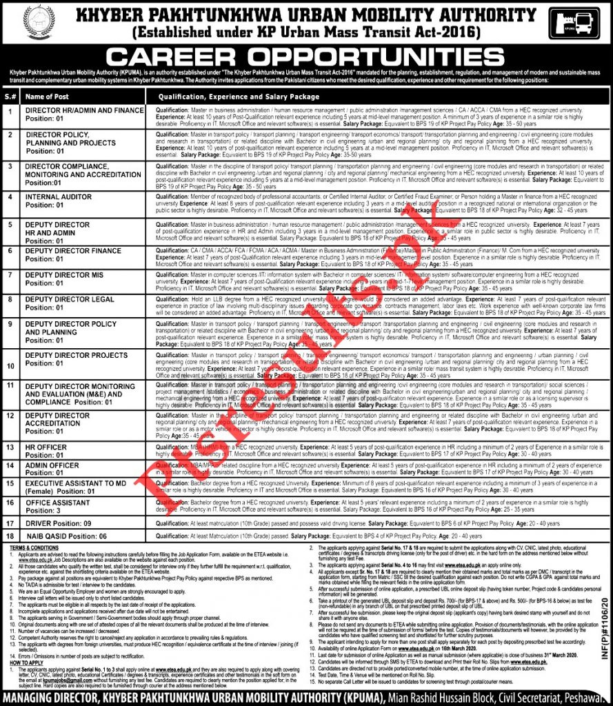 Urban Mobility Authority KPK ETEA Jobs 2020 Application ...