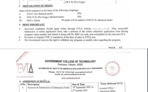 Government College of Technology GCT Peshawar Admission