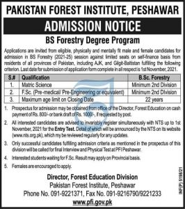Pakistan Forest Institute Peshawar Admission 2022 NTS Apply Online