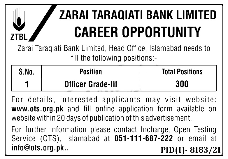 Zarai Taraqiati Bank Limited OTS Jobs 
