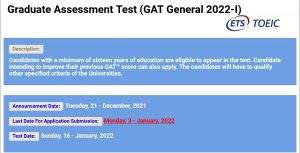 Graduate Assessment Test GAT General 2022-I NTS Apply Online Roll No Slip
