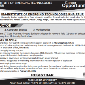 Institute of Emerging Technologies Khairpur Jobs 2022