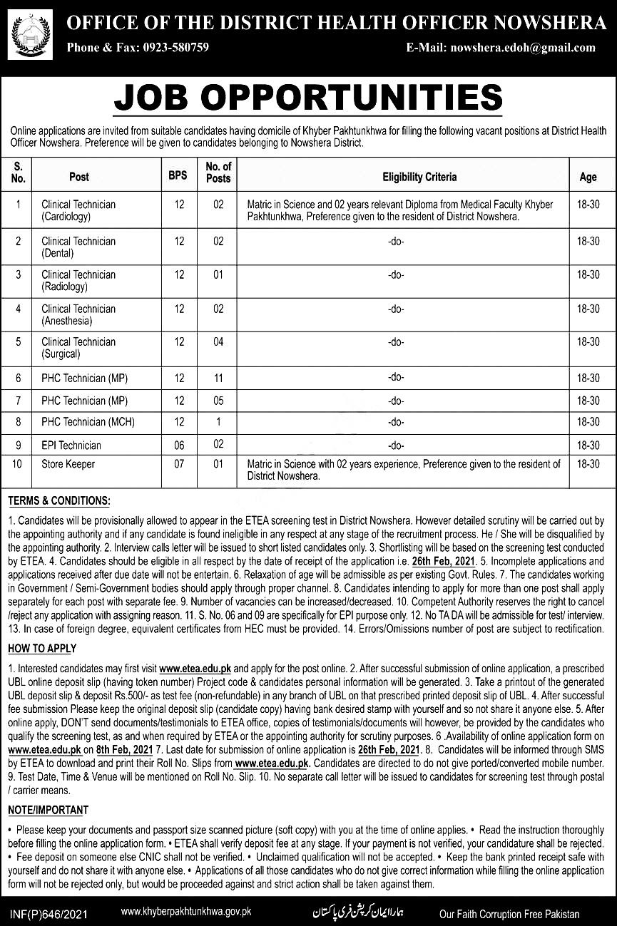 District Health Office Nowshera Jobs 2021 ETEA Apply Online Roll No ...