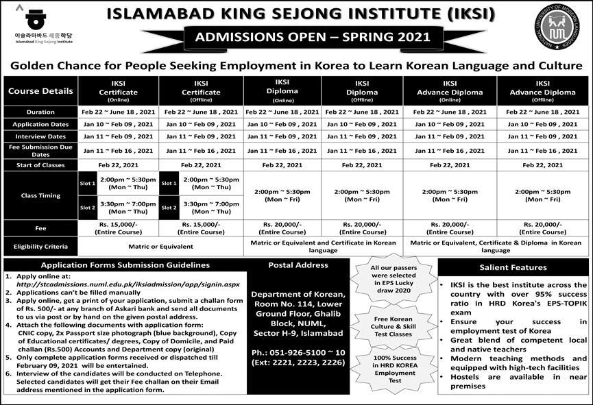 Islamabad Kink Sejong Institute IKSI Admission 2021 Apply Online