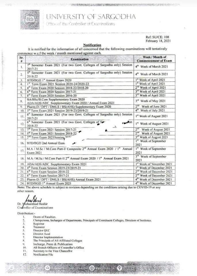 UOS Univerity of Sargodha BA BSc & MA Program 2024 Date Sheet Exam Schedule Check Online