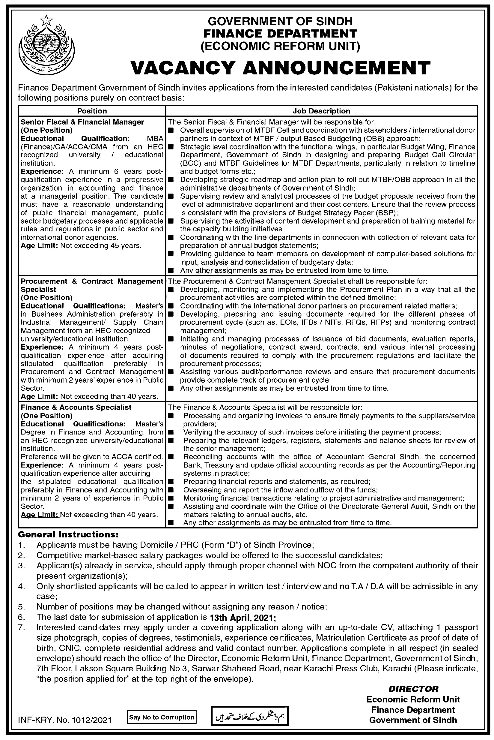 Finance Department Sindh Jobs 2024 Application Form