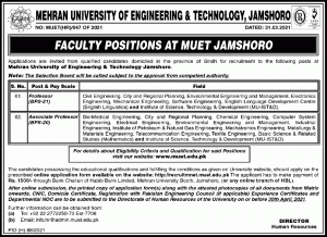 Mehran University of Engineering & Technology Jamshoro Jobs 2022 Application Form