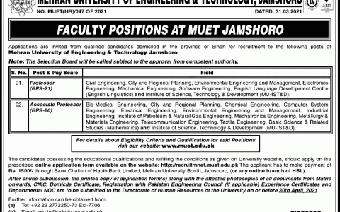 Mehran University of Engineering & Technology Jamshoro Jobs Application Form