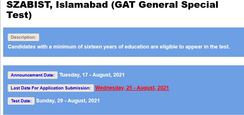 SZABIST Islamabad GAT General 2024 NTS Apply Online Roll No Slip