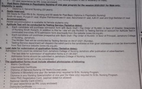 Directorate of Nursing Sindh Karachi BSc & Psychiatric Nursing Admission