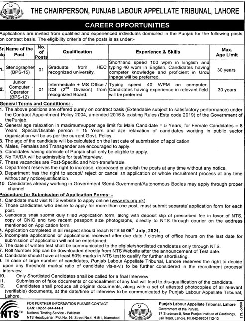 Punjab Labour Appellate Tribunal Lahore Jobs 2024 NTS Apply Online Roll No Slip