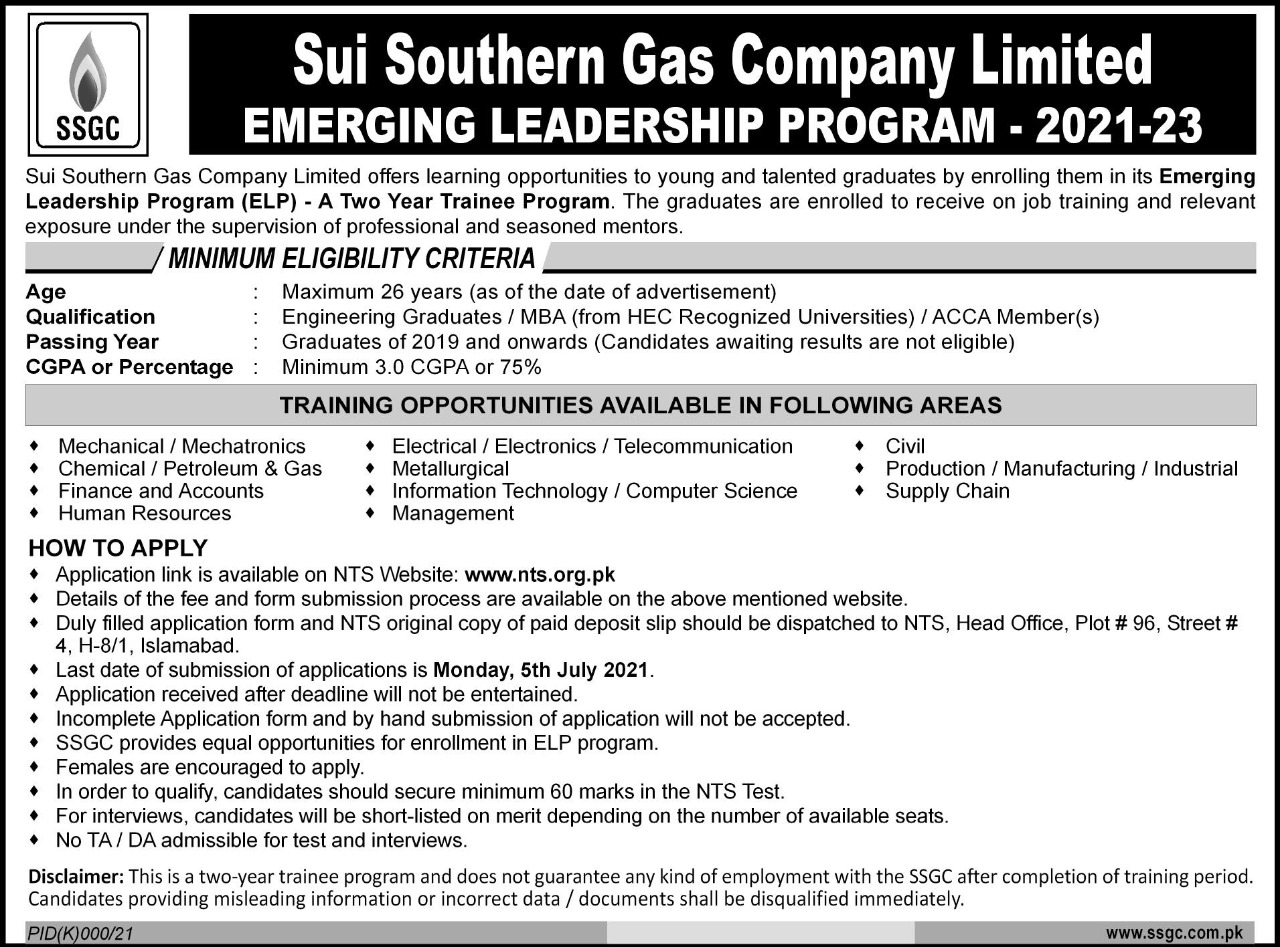 Sui Southern Gas Company Limited 2 Year Trainee Program 2024 NTS Apply Online Roll No Slip Download