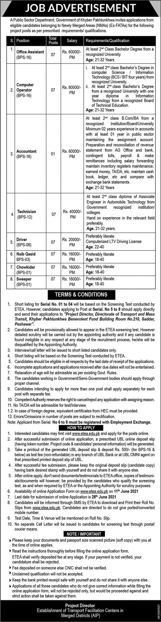 Transport Newly Merged Areas Jobs 2024 ETEA Apply Online Roll No Slip