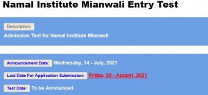 Namal Institute Mianwali Entry Test 2022 NTS Apply Online