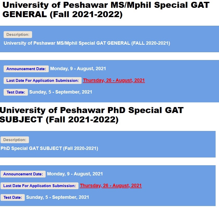 University of Peshawar MS/Mphil & PhD Admission 2021 NTS Apply Online Roll No Slip