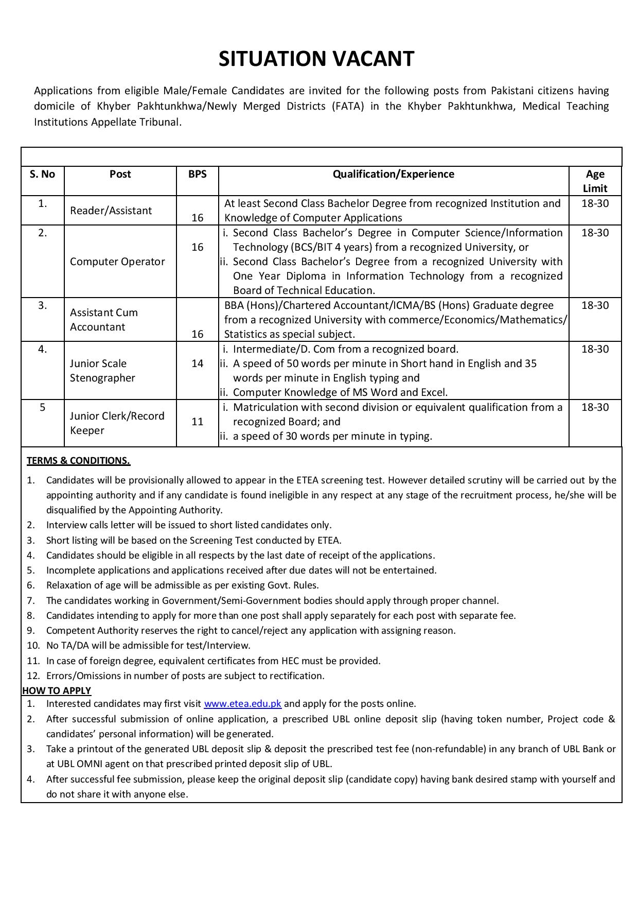 Medical Teaching Institutions ETEA Jobs 2024 Apply Online Roll No Slip