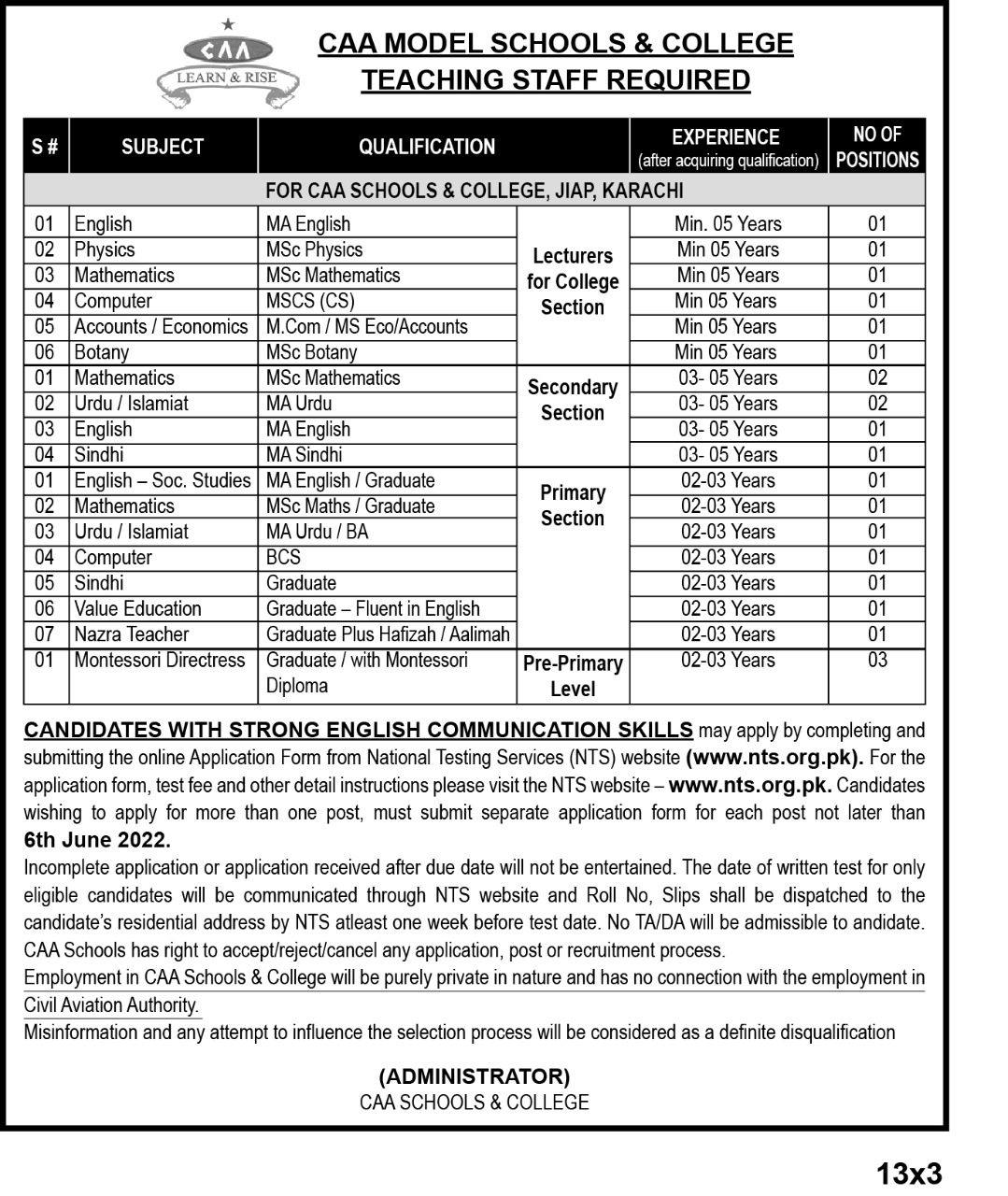 CAA Model School & College NTS Jobs 2024 Apply Online Roll No Slip