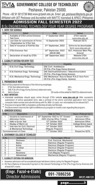 Government College of Technology Peshawar Admission 2024