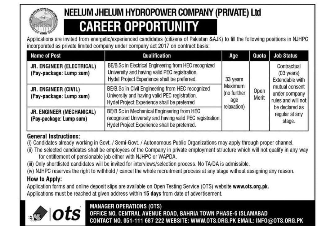 Neelum Jhelum Hydro Power Company OTS Jobs