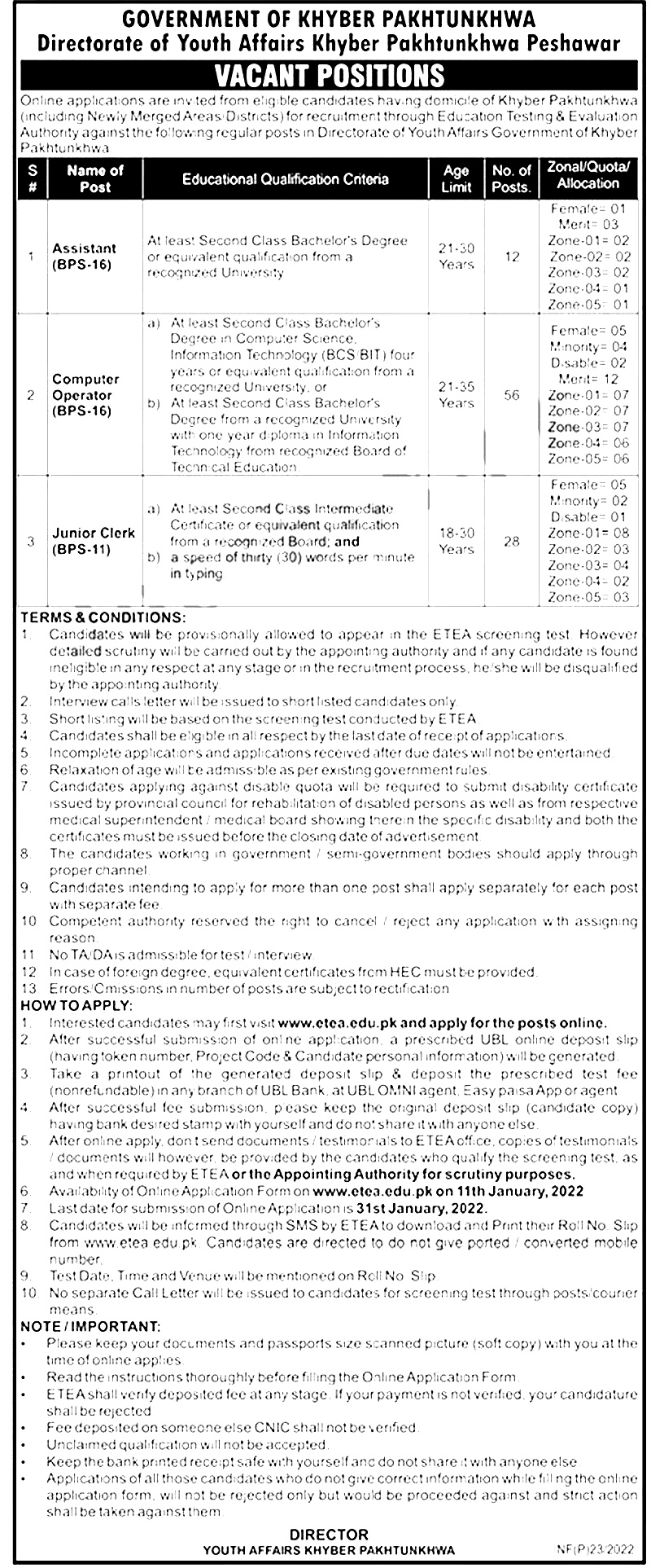 KPK Directorate of Youth Affairs ETEA Jobs 2024 Apply Online Roll No ...