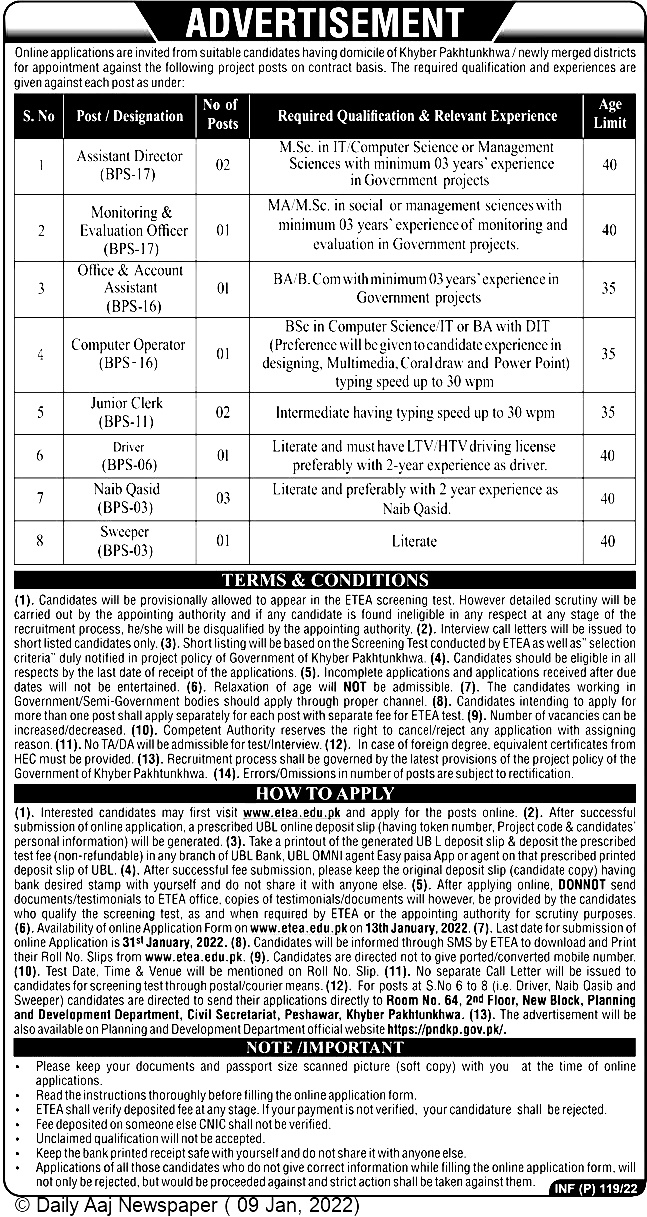 KPK Planning and Development Department ETEA Jobs 2024 Apply Online Roll No Slip Download