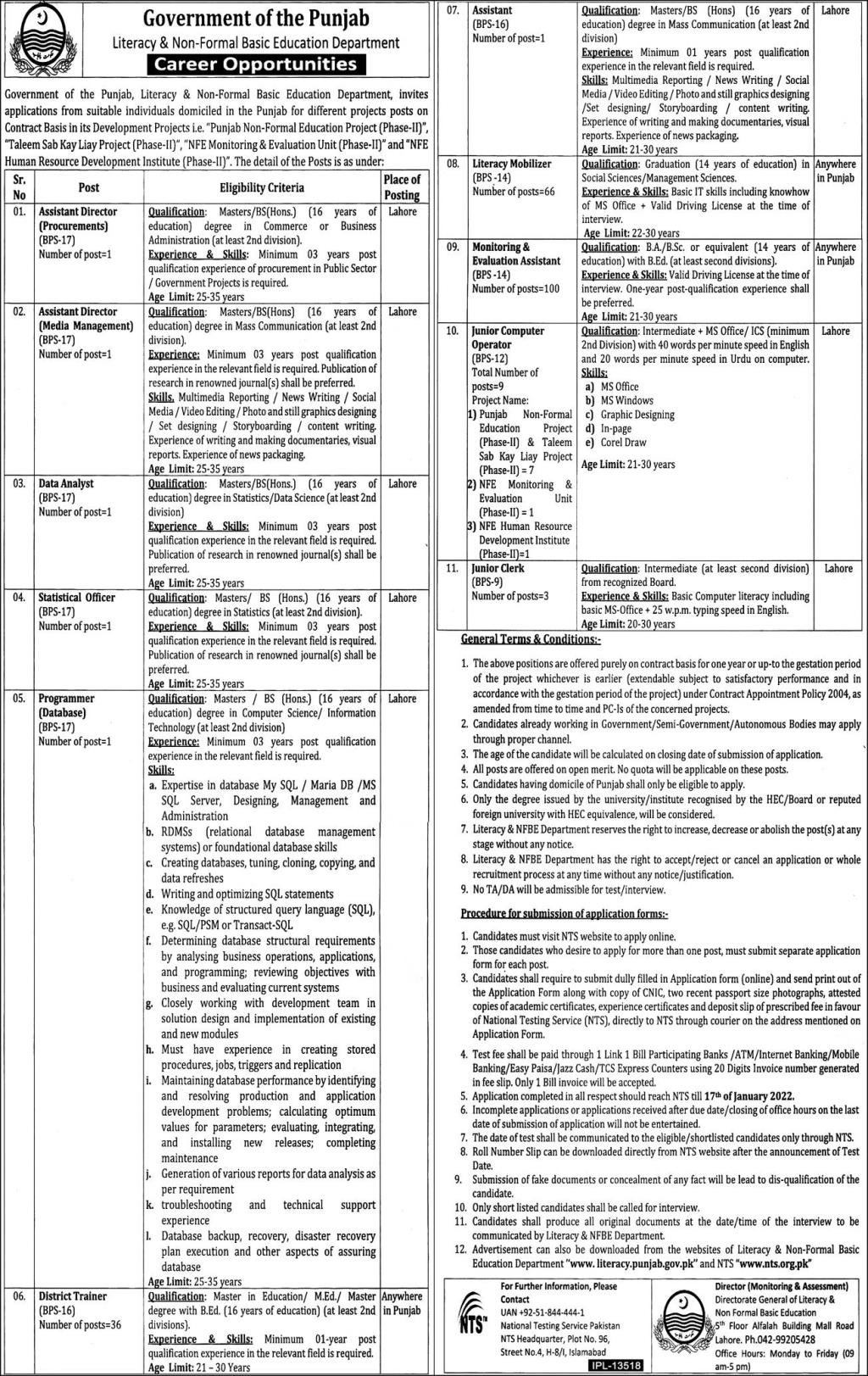 Government of the Punjab Literacy & Non-Formal Basic Education Department Jobs