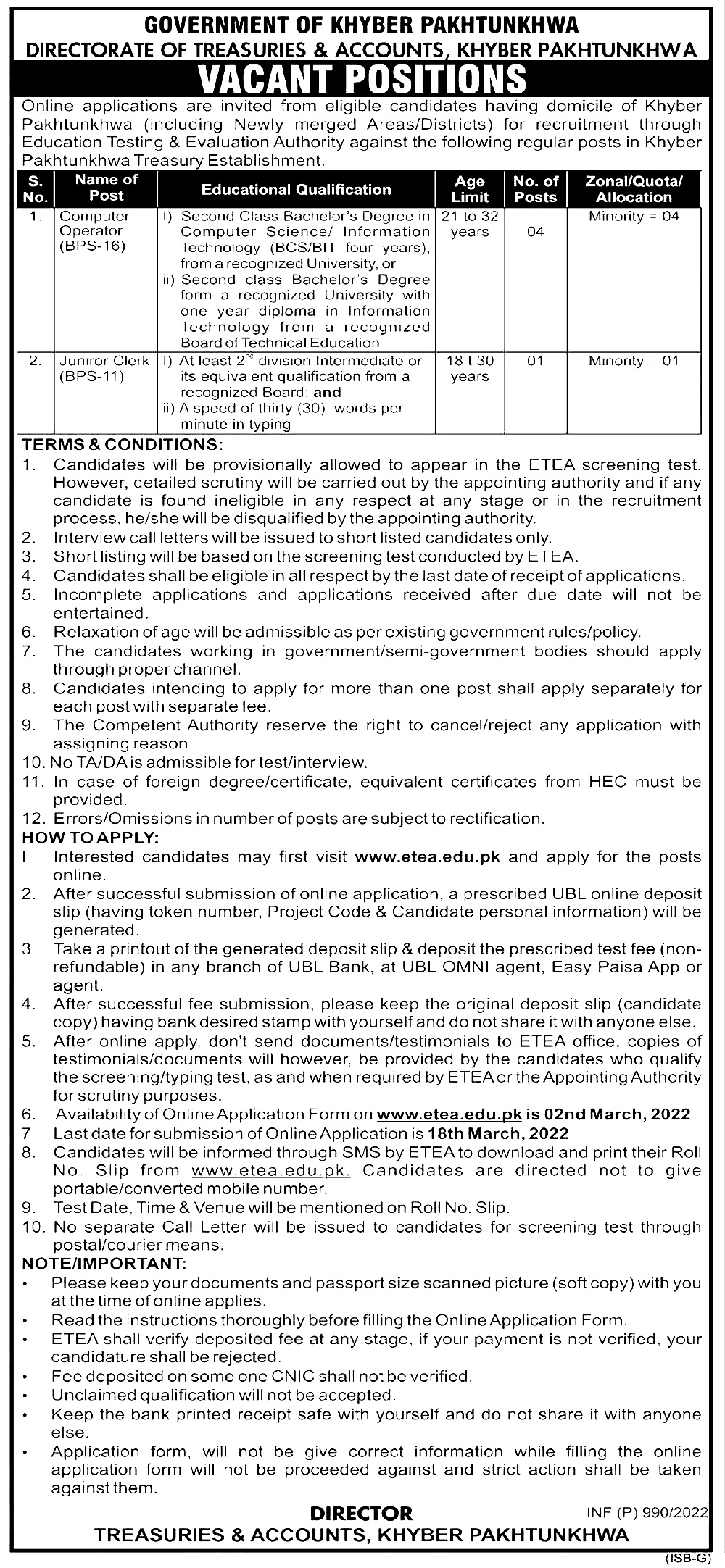 Treasuries & Accounts Department KPK ETEA Jobs 2024 Apply Online Roll No Slip