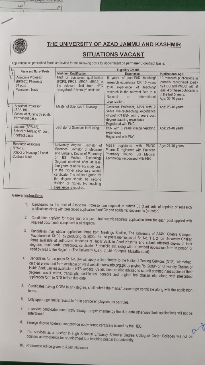 AJK University Muzaffarabad NTS Jobs