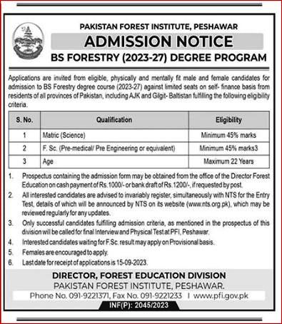 Pakistan Forest Institute Admission 