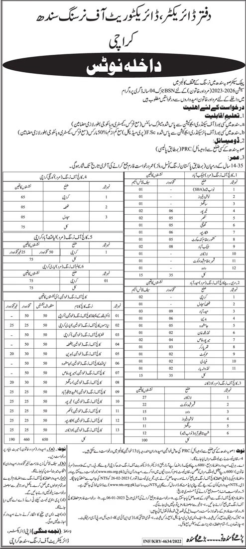 Directorate of Nursing Sindh Karachi NTS Admission