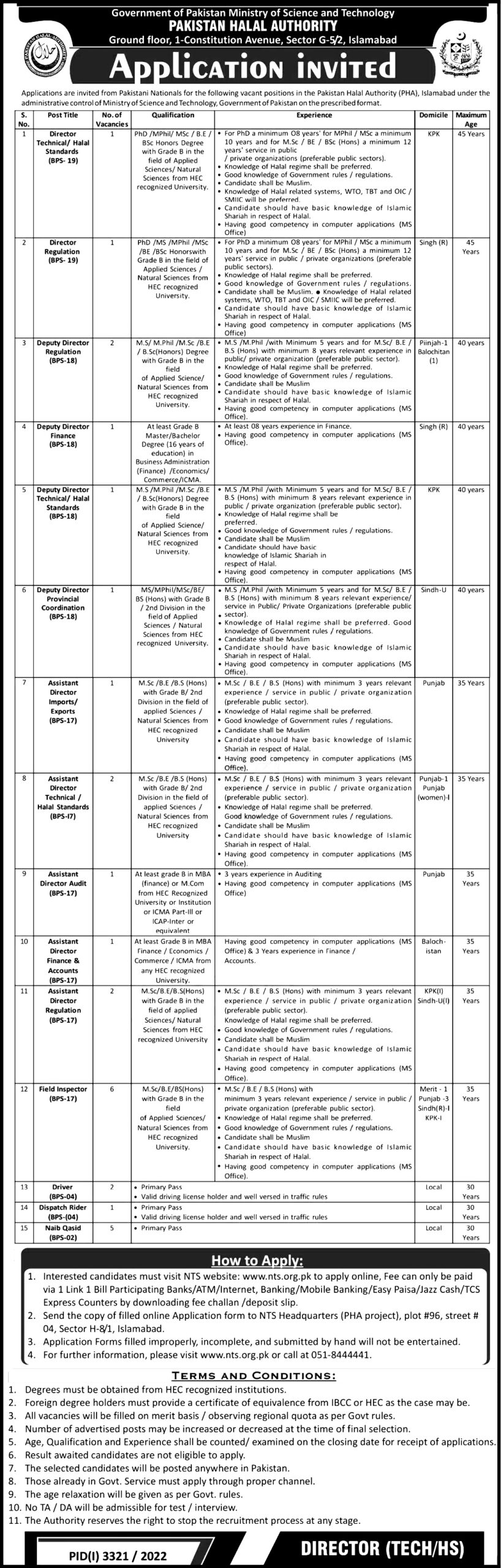 Pakistan Halal Authority NTS Jobs