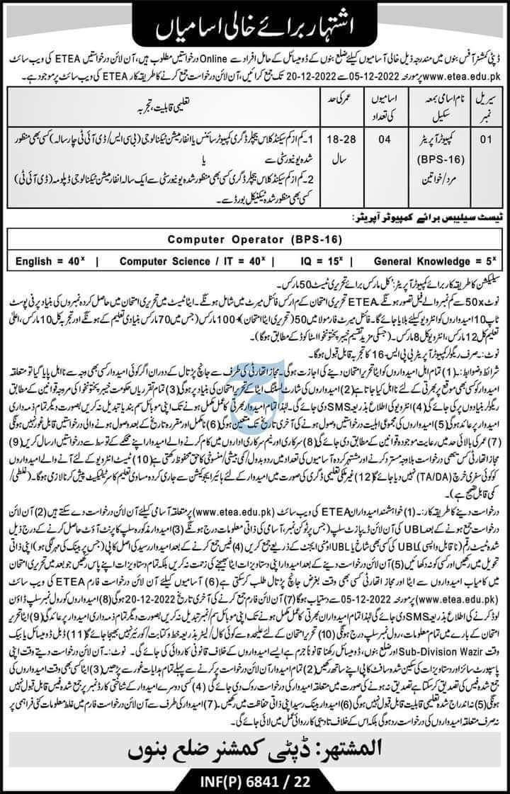 Deputy Commissioner Bannu Jobs 2024