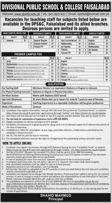 DPS Divisional Public School & College Faisalabad Jobs