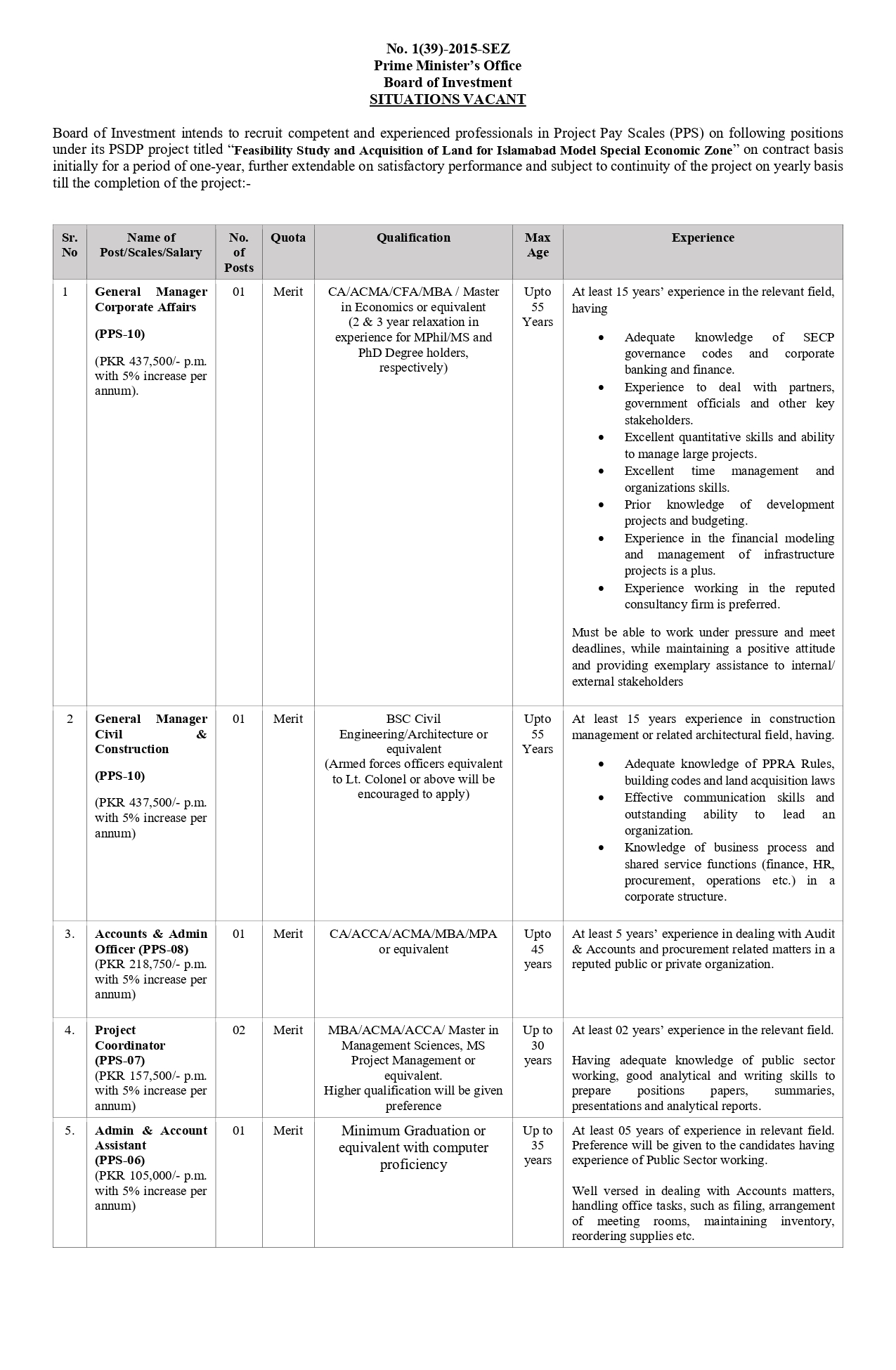 Prime Minister office PMO Board of Investment jobs