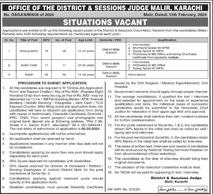 District & Session Judge Malir NTS Jobs